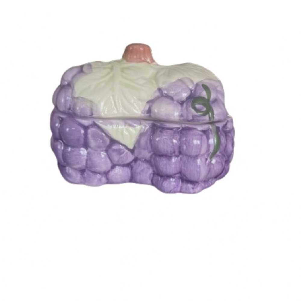 #755 Vintage Grape-Themed Purple Ceramic Jar never used still in box - Picture 2 of 3